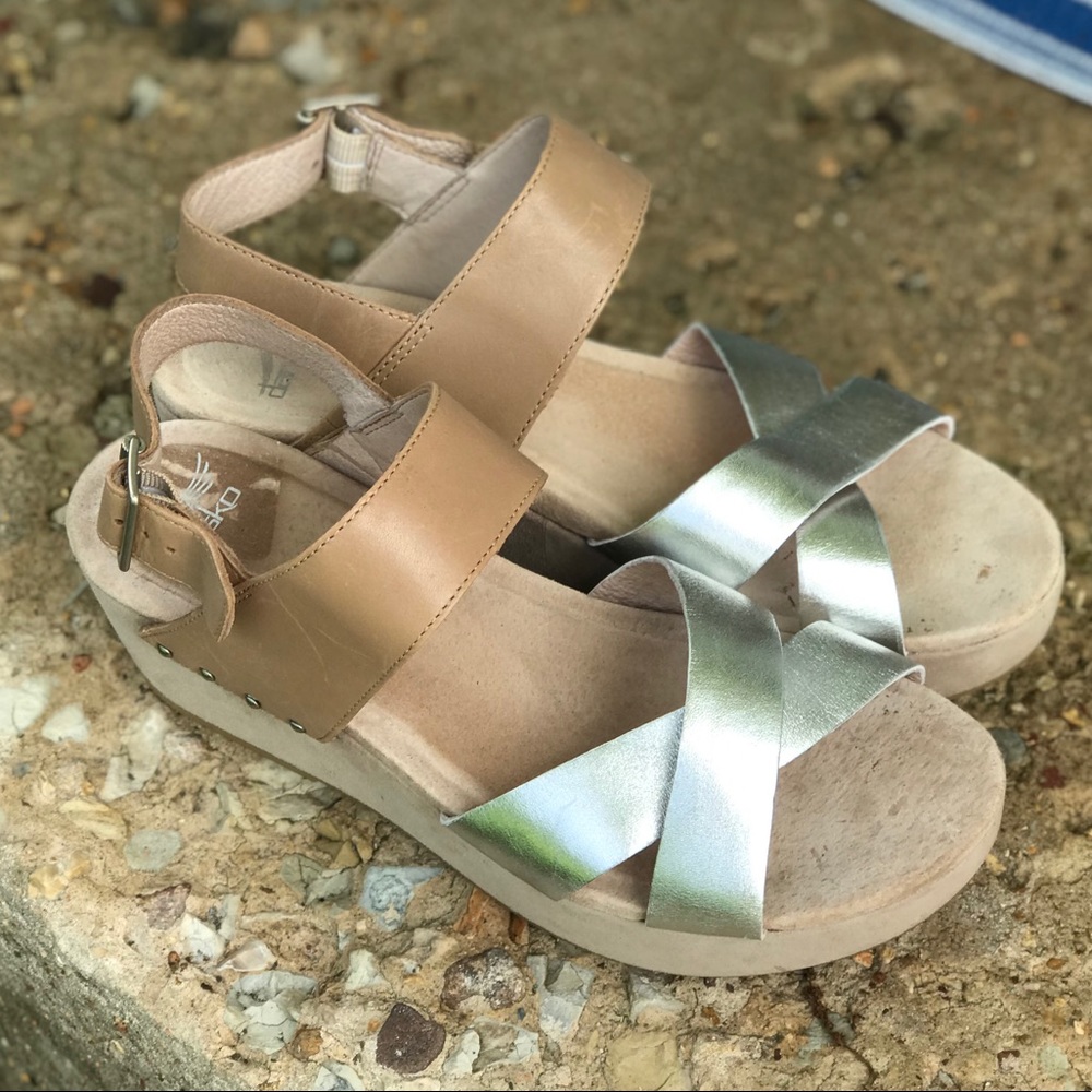 Dansko Two-Tone Tan and Silver Wedge Sandals